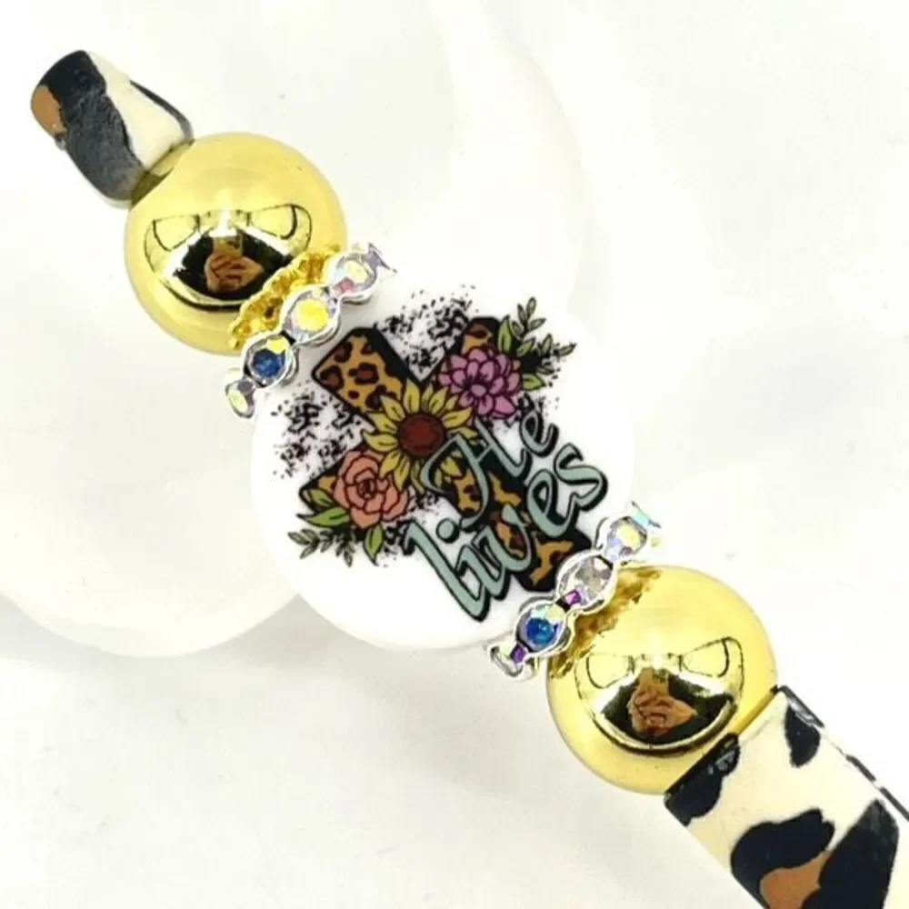 He Lives leopard cross Christ Christian Jesus pen handmade NEW bling rhinestone